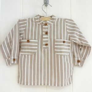 Camisa Cuello Mao Rayas Beige y Crudo