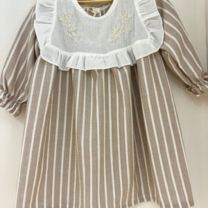 Vestido Bordado Rayas Beige y Crudo