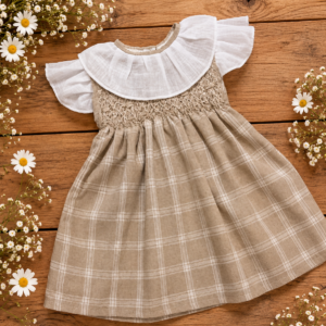 Vestido Smock Lino Cuadros Beige y Blanco