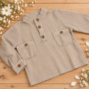 Camisa Cuello Mao Muselina Rayas Beige