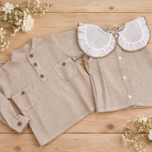 Camisa Cuello Mao Muselina Rayas Beige